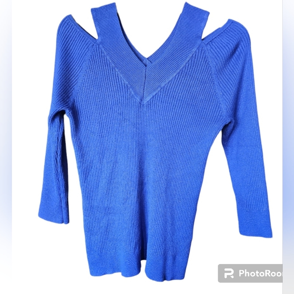 Cable & Guage Petite Large Blue 3/4 Sleeve Cut-out Shoulder V-neck Knit Sweater